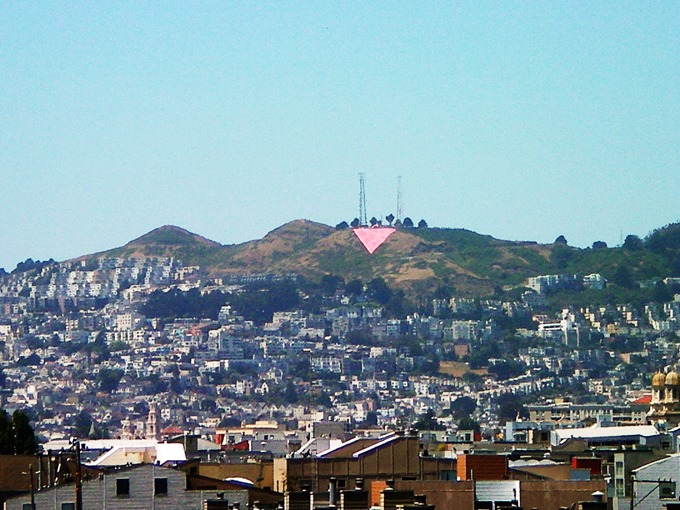 Pink Triangle symbolically hung over Twin Peaks each June during Pride Month can be seen througout most areas of San Francisco